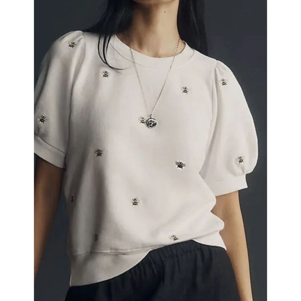 Anthropologie Maeve Embroidered Bees Puff-Sleeve Sweat T Shirt Size Large